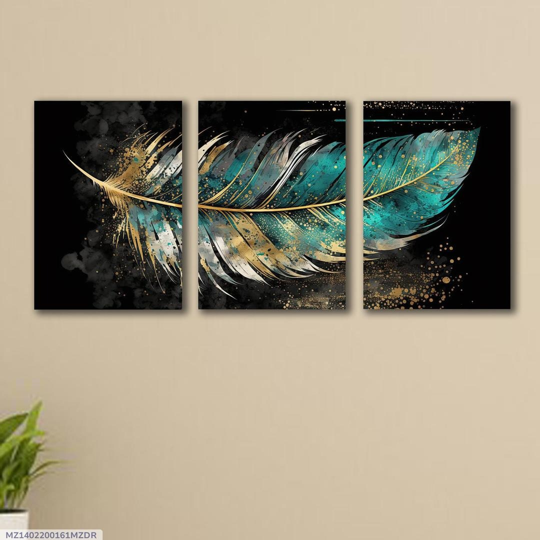 Set of 3 Elegant Feather Wall Art Frames - MDF Board
