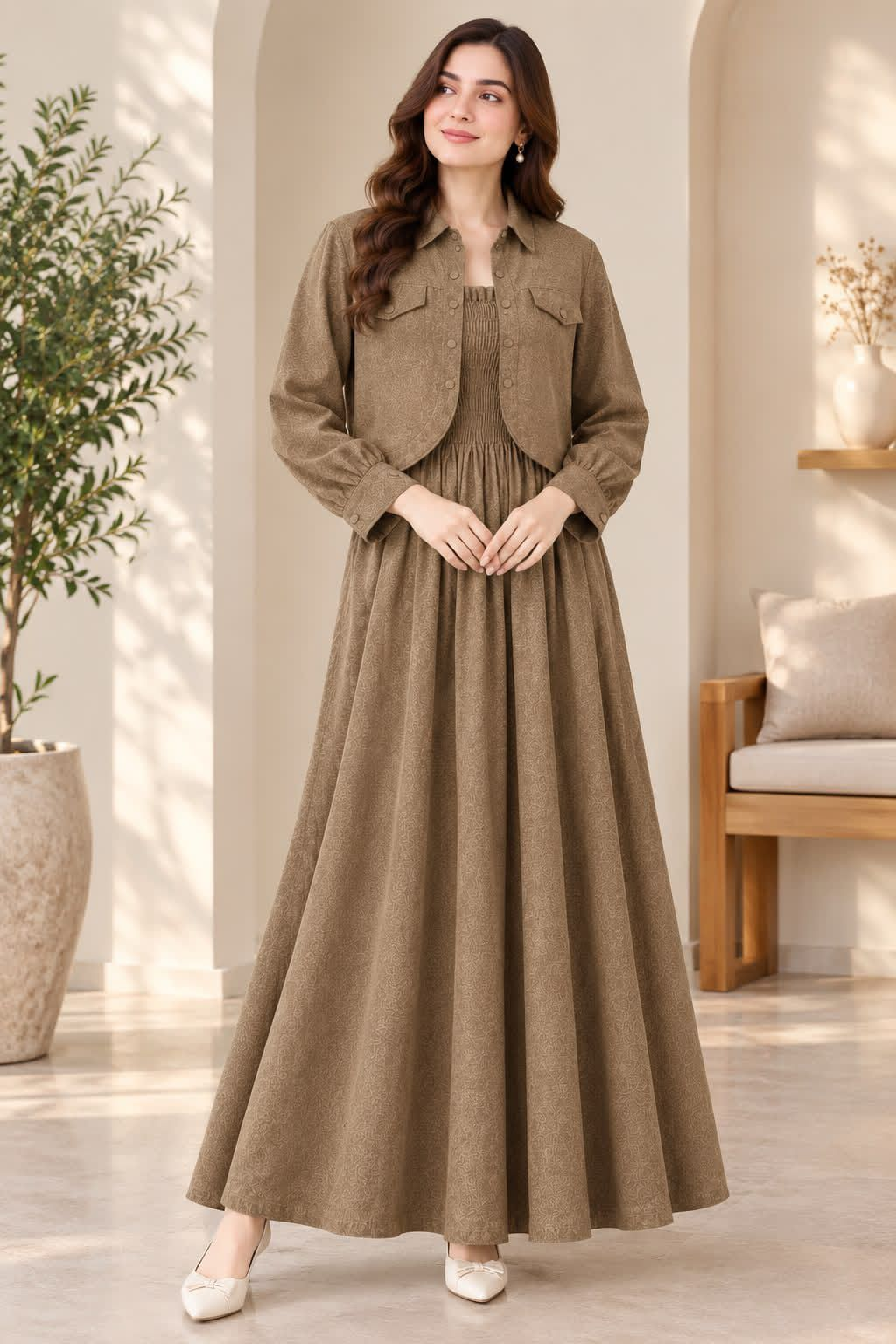 Elegant Co-ord Dress and Jacket Set - L, Beige