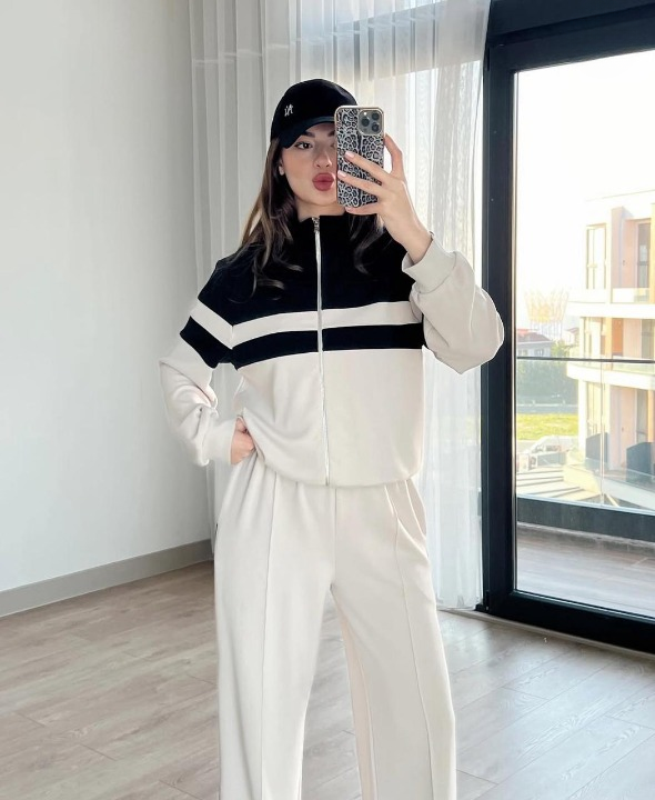 Premium Panel Tracksuit For Women Stylish Athletic Wear Set | Zip-up Jacket And Trouser - Cream Color - L