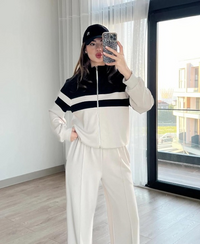 Premium Panel Tracksuit For Women Stylish Athletic Wear Set | Zip-up Jacket And Trouser - Cream Color - L